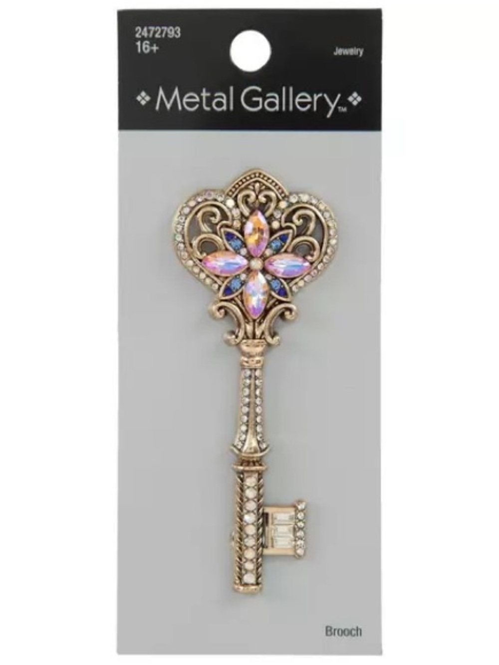 New Metal Gallery Gold-Tone Jeweled Key Brooch with Aurora Borealis Stones